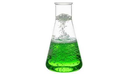 Isolated laboratory glass conical flask of bubbling green liquid, chemical solution, reagent