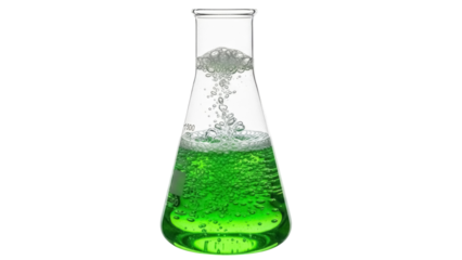 Isolated laboratory glass conical flask of bubbling green liquid, chemical solution, reagent