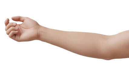 Isolated Caucasian arm reaching out, fingers slightly curled, wrist visible, hand neutral