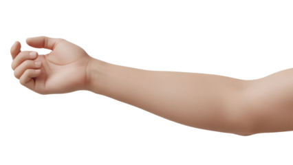 Isolated Caucasian arm reaching out, fingers slightly curled, wrist visible, hand neutral