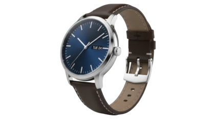 Isolated wristwatch with silver case and brown leather strap shows time and day of week