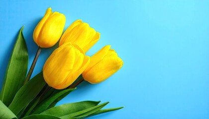 Vibrant yellow tulips arranged artfully on a plain blue background.