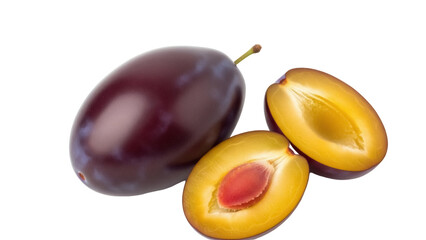 Isolated Plum on a Plain Backdrop, One Whole and Two Halves, Stone Fruit Still Life