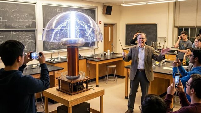 Professor using a pointing stick to highlight the electrical discharge from a tesla coil during a physics demonstration for observing students in a university classroom