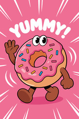 Happy Cartoon Donut Character with Pink Glaze and Sprinkles Waving Hand, Yummy Text with Speed Lines Background Design