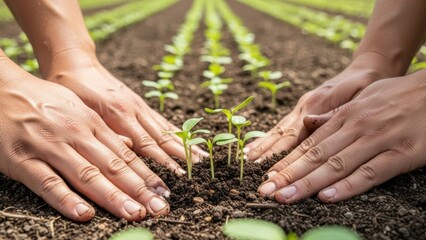 Hands Planting Seedlings in Soil - Nurturing Growth and Cultivation.