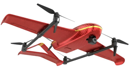 Isolated red and gold quadcopter drone with camera in flight, modern technology view