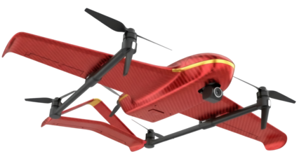 Isolated red and gold quadcopter drone with camera in flight, modern technology view