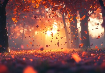 Vibrant Autumn Leaves Falling in a Serene Forest at Sunset with Warm Golden Light