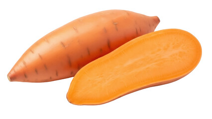 Isolated sliced sweet potato with whole sweet potato, ready for cooking or preparing a meal