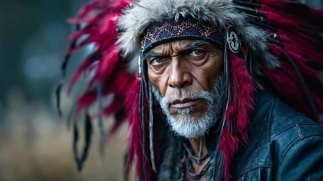 A man wearing a red and black headdress with feathers on his head