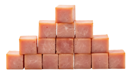 Isolated pile of square cut cooked ham cubes, processed meat, meat product, stacked pyramid