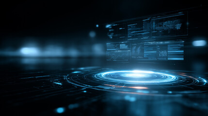 futuristic digital interface data visualization, glowing blue technology dashboard, abstract ai data grid background
