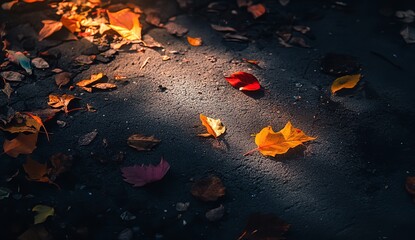 Autumn Leaves Scattered on Dark Asphalt Road with Warm Sunlight Shining Through