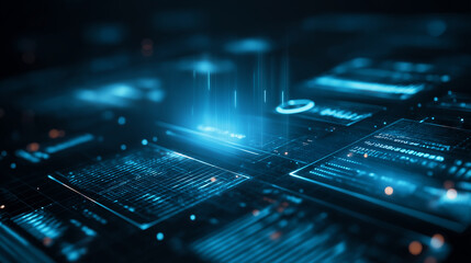 futuristic digital interface data visualization, glowing blue technology dashboard, abstract ai data grid background
