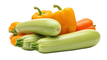 Isolated pile of fresh seasonal yellow bell peppers and green zucchini close-up, healthy eating
