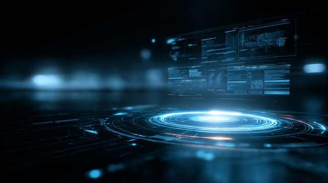 futuristic digital interface data visualization, glowing blue technology dashboard, abstract ai data grid background
 - Powered by Adobe