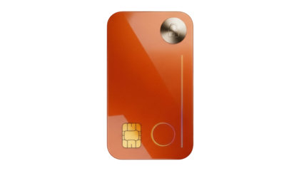 Isolated orange smart card with a padlock, electronic chip, and circular indicator icon