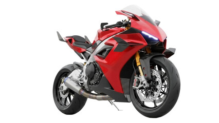 Isolated red sport motorcycle on display for showroom sale of transportation bikes style