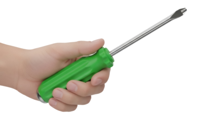 Isolated hand holding a flat head screwdriver with a green handle for repair or carpentry