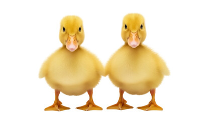 Isolated pair of baby ducklings with fluffy yellow feathers, side by side in studio shot