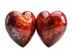 Two polished, red gemstone hearts with unique crackling and reflective surfaces