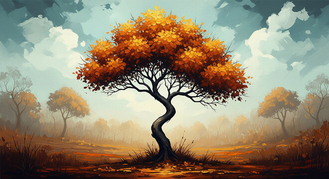 Abstract painting of twisted autumn tree with thick texture 3D relief wallpaper for mural wall art, canvas print, wall decor painting design