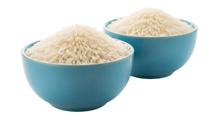 Isolated bowls of rice, traditional staple food in Asian cuisine, served in blue containers