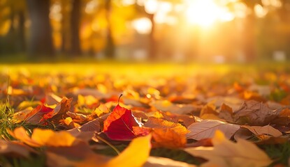 Vibrant Autumn Leaves Scattered on Grassy Field at Sunset with Warm Golden Light and Blurred Trees Background