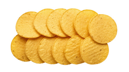 Isolated pile of crunchy tortilla chips, salty snack for Mexican nachos, yellow-golden colour