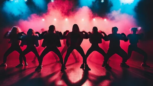 selective focus powerful dance crew performing on stage