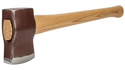 Isolated splitting maul with wooden handle used for felling trees and chopping firewood stock photo