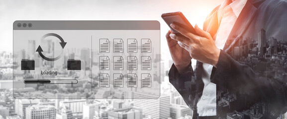 File synchronization or loading interface with progress bar, folders, and documents, symbolizing data backup, transfer, and system update Parse