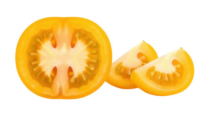 Isolated yellow tomato slices, fresh, full cross-section, summer vegetable, cut open, healthy