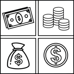 A collection of money related icons including dollar banknotes, coins, and a money bag