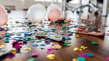 Aftermath of a colorful office party with deflated balloons and scattered confetti on wooden floor