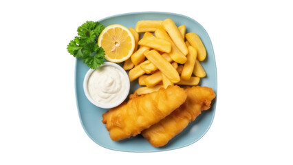 Isolated British cuisine of fish and chips with dip, lemon, and parsley garnish on plate