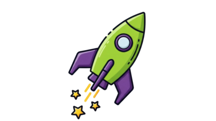 Isolated rocket ship with purple fins and yellow star exhaust for outer space adventure
