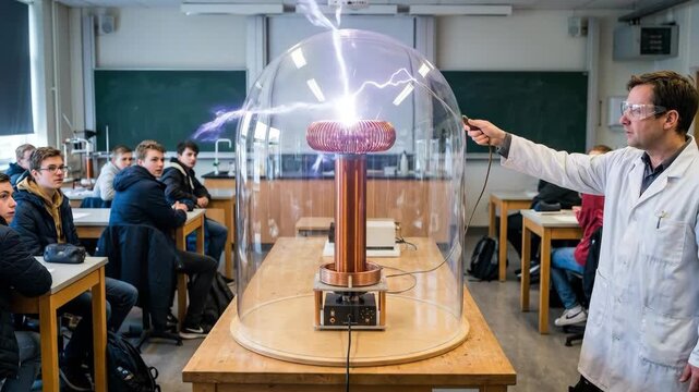 Science teacher and students in a classroom observing a tesla coil generating electrical discharges and artificial lightning during a physics experiment