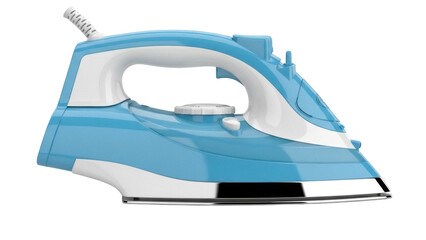 Isolated blue garment steamer clothes iron for home and laundry duty appliance tasks, new