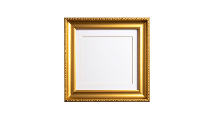 A square golden picture frame, with ornate detailing, a white matting, centered against a solid black background