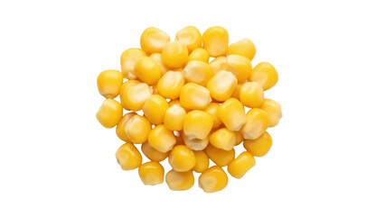 Isolated pile of fresh yellow sweetcorn kernels in a group, close up macro studio shot food crop