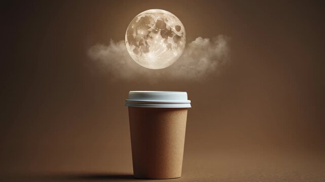 coffee to go cup with floating moon inside, surreal dreamy stock concept 