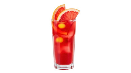 Isolated glass of red grapefruit cocktail drink with slices for garnish. Summertime beverage.