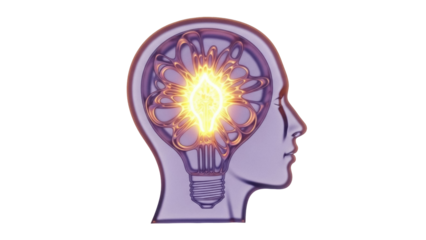 Isolated man's profile with light bulb representing thought process and mental clarity