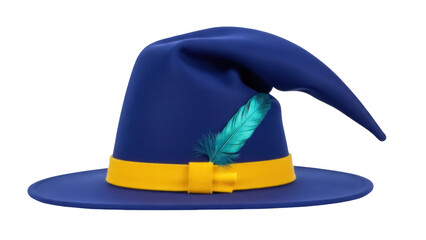 Isolated royal blue wizard hat with yellow ribbon and a turquoise feather decoration accessory