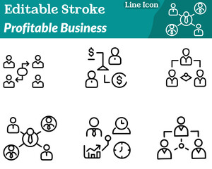 A minimalist profitable business icon showing stacked coins. A rising line graph and a small office briefcase element. Clean simple lines symbolize financial growth profitability investment business.