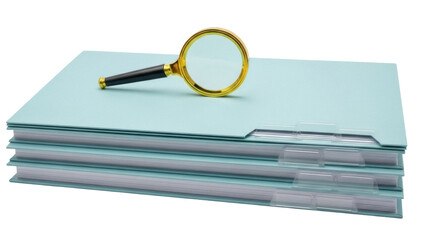 Isolated stack of files with magnifying glass for investigation, data analysis, search