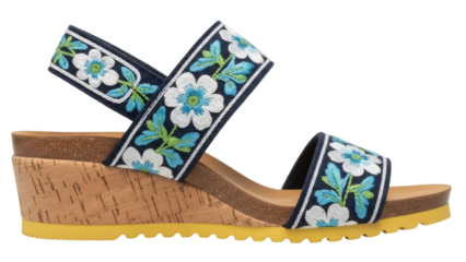 Isolated floral embroidered wedge sandal, a summertime casual shoe for women, feminine design