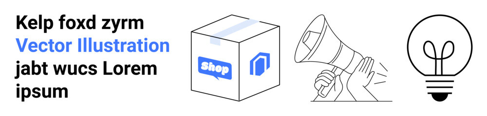 E-commerce, branding, innovation, online shopping, advertising, creative communication. Features box with shop logo, hand holding megaphone lightbulb symbol. E-commerce and branding prominent